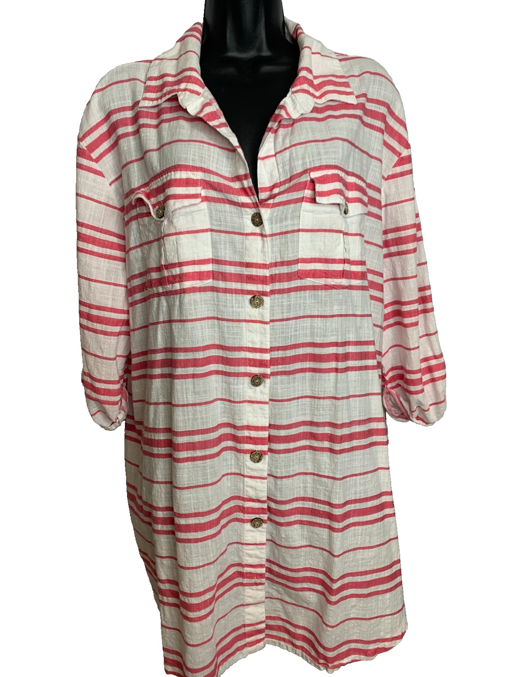 Wearabouts Women's 2x Buttondown Red/White Stripe Roll up Sleeve Shirt